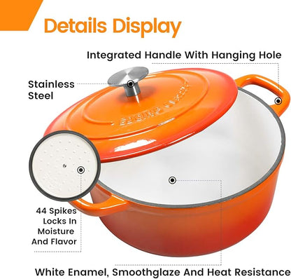 EDGING CASTING Enameled Cast Iron Dutch Oven, 5.5 Quart, Round Cast Dutch Ovens Pot with Lid Dual Handle for Bread Baking, Oven Safe up to 500°F, Orange
