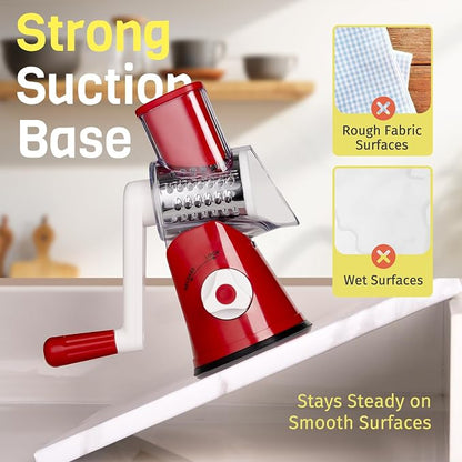 Cheese Grater Hand Crank, Rotary Cheese Shredder with 3 Interchangeable Blades for Coarse, Fine Shredding and Slicing, Strong Suction Base for Pizza, Pasta, Salad, Vegetables, Nuts, Chocolate