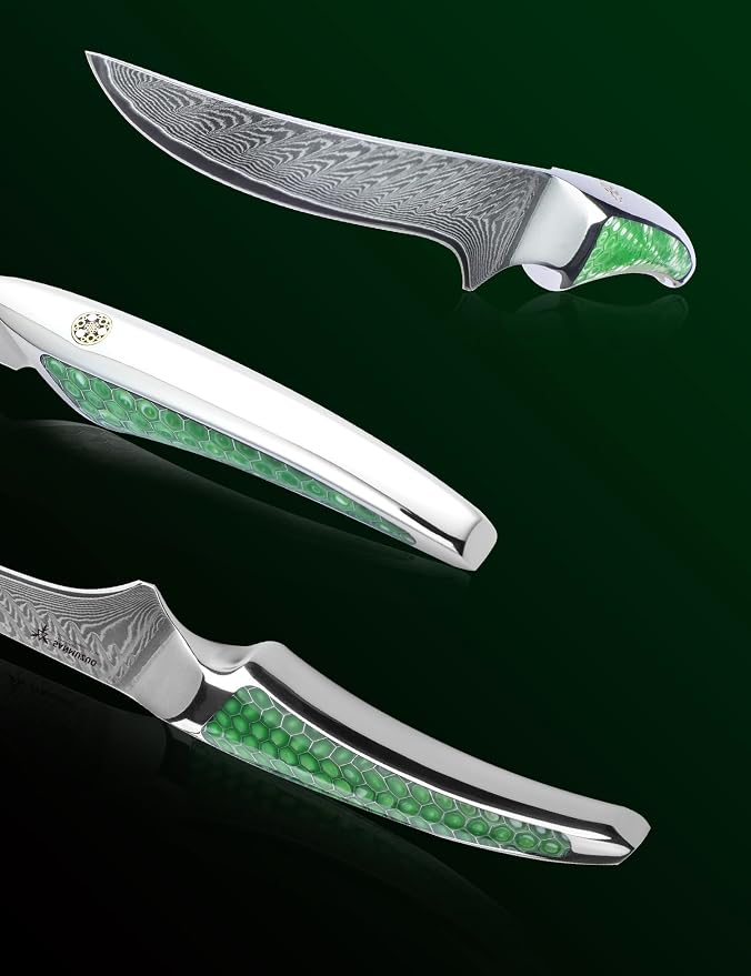 7 inch Fillet Knife, Japanese VG-10 Damascus Steel Kitchen Fish Boning Knife, Ultra Sharp, Full-tang Handle in Green Resin, LA-S9 Series