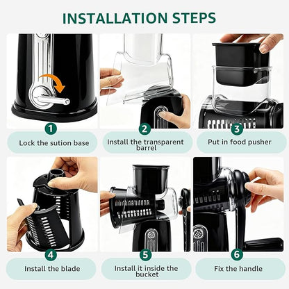Rotary Cheese Grater Hand Crank - Cheese Shredder with 5 Blades & Strong Suction Base, Mandoline Slicer Vegetable Chopper, Kitchen Gadgets with Storage Box, Black