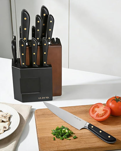 14-Piece Kitchen Knife Set with Detachable Block, High Carbon Stainless Steel Dishwasher Safe Knives, Includes Chef, Santoku, Bread, Steak Knives for Home Kitchen, Black