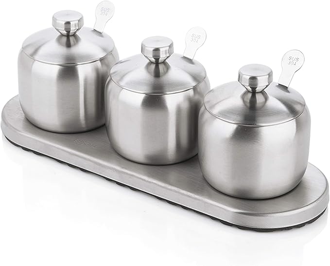 TENTA KITCHEN TENT 18/8 Stainless Steel Seasoning Containers Set Spice Jar Spice Rack Condiment Cruet Bottle Salt Pepper Sugar Storage Organizers with 3 Serving Spoons And Non-slip Base