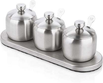 TENTA KITCHEN TENT 18/8 Stainless Steel Seasoning Containers Set Spice Jar Spice Rack Condiment Cruet Bottle Salt Pepper Sugar Storage Organizers with 3 Serving Spoons And Non-slip Base