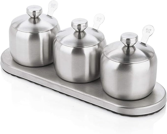 TENTA KITCHEN TENT 18/8 Stainless Steel Seasoning Containers Set Spice Jar Spice Rack Condiment Cruet Bottle Salt Pepper Sugar Storage Organizers with 3 Serving Spoons And Non-slip Base