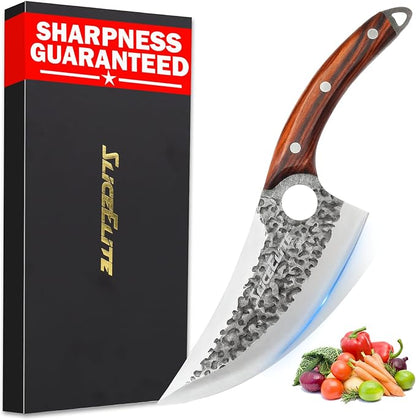 SliceElite Heritage Forge Series Father’s Day Gift for Dad Viking Knife Meat Cutting Kitchen Knife Boning Slicing BBQ Knife Kitchen Knife Full Tang Sandalwood Handle Hammered Pattern Forged Steel