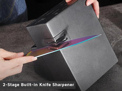 Rainbow Knife Block Set 27-Piece, Iridescent German Stainless Steel Kitchen Knives Set with Wooden Holder, Colorful Titanium Coating, Include Scissors and 2-Stage Built-in Sharpener and 8pcs Gadgets