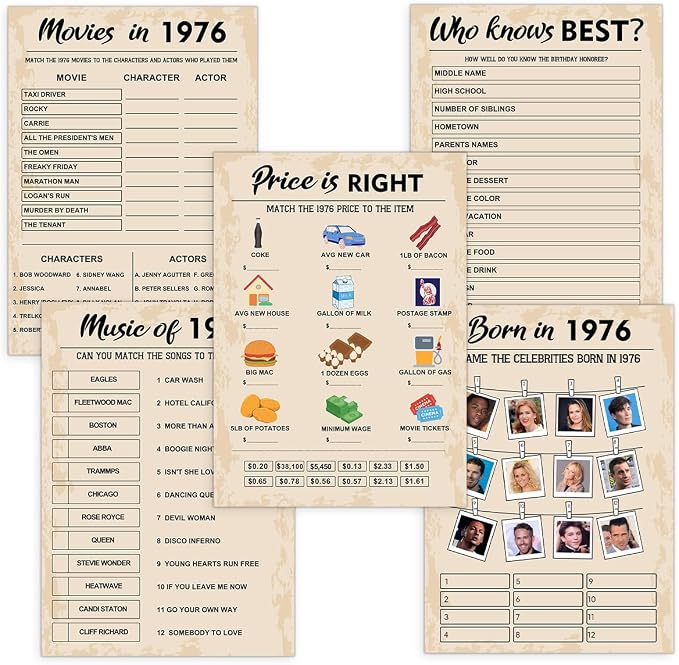 QUPT 50th Birthday Party Games, Born in 1976 Games Bundle, Set of 5 Activities for 10 Guests, Birthday Party Supplies for Adults, Pack of 50 Cards