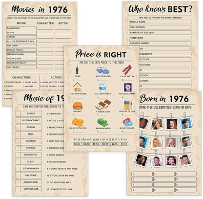 QUPT 50th Birthday Party Games, Born in 1976 Games Bundle, Set of 5 Activities for 10 Guests, Birthday Party Supplies for Adults, Pack of 50 Cards