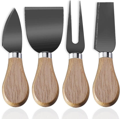 Linwnil 4-Piece Set of Stainless Steel Cheese Knives with Wood Hand, Including Cheese Slicer and Cheese Cutters, Essential Cheese Tools for the Kitchen (Oak handle, Black)