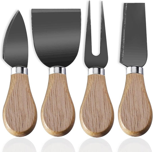 Linwnil 4-Piece Set of Stainless Steel Cheese Knives with Wood Hand, Including Cheese Slicer and Cheese Cutters, Essential Cheese Tools for the Kitchen (Oak handle, Black)