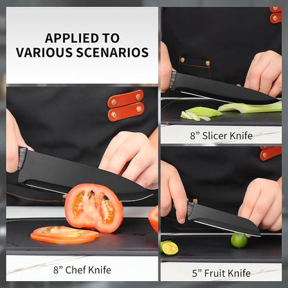 16-Piece Kitchen Knife Block Set with Cutting Board - German Stainless Steel Knives, Built-In Sharpener, Dishwasher Safe, Anti-Slip Handle - All-in-One Cutlery Set for Home/Kitchen (Black)