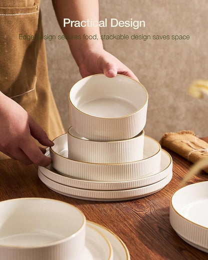 Famiware Star 16-Piece Stoneware Dinnerware Sets with Trim, Service for 4 - Shallow Pasta Bowls & Flat Plates, Modern Rustic Ribbed Dishes, Chip & Scratch Resistant, Microwave & Dishwasher Safe, White