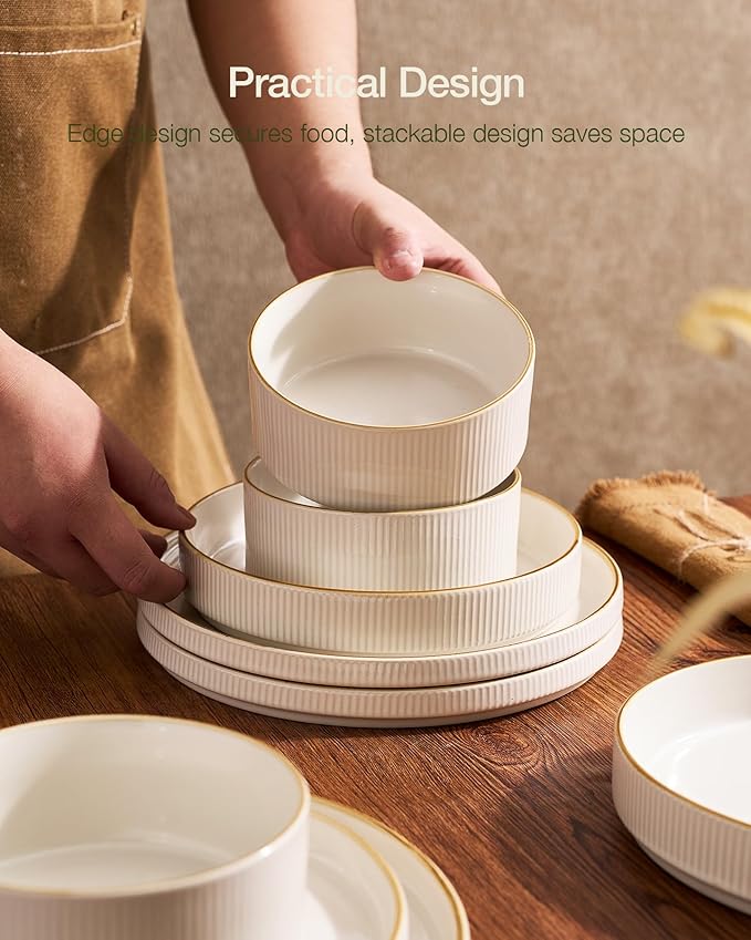 Famiware Star 24-Piece Stoneware Dinnerware Sets with Trim, Service for 8 - Ceramic Plates and Bowls Set, Ribbed Dishes with High Edge, Chip & Scratch Resistant, Microwave & Dishwasher Safe, White