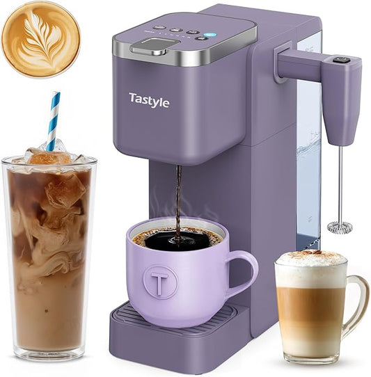 Tastyle 330MF Single Serve Coffee Maker with Built-in Detachable Milk Frother, Iced and Hot Coffee Machine for K Cup & Grounds, 40oz Removable Water Tank, 6 Cup Sizes, Fits 7.3" Travel Mug, Purple
