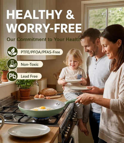 USELUCK 9.5 Inch Ceramic Nonstick Frying Pan Skillet, PFOA-Free Omelet Pan, Induction Compatible Aluminum Cookware for All Cooktops, Stay-Cool Non-Slip Handle, Green