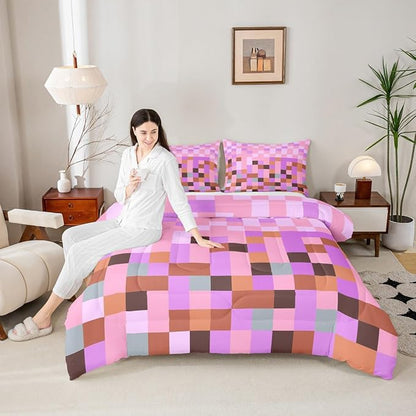 Pixel Grid Theme Comforter Set with 2 Pillowcases,Video Gaming Blocks Super Soft Microfiber Bedding Set for Adults Teens,Geometric Colorful Plaid Lattice Pink Purple Duvet Set for Room Decor,King