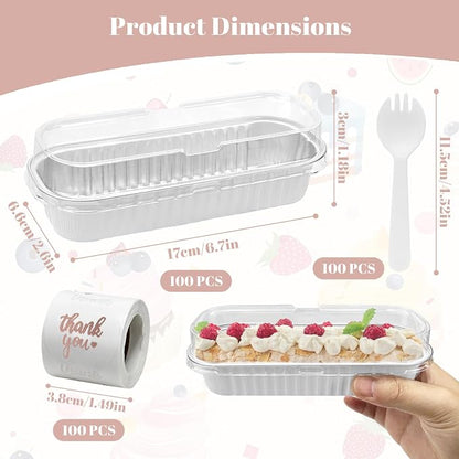 100Pack White Valentines Mini Loaf Pans with Lids and Spoons and Stickers Individual Mini Cake Pans Disposable Portable Stackable, 6.8Oz Aluminum Pans, Dessert Cups Containers for Sales,Party