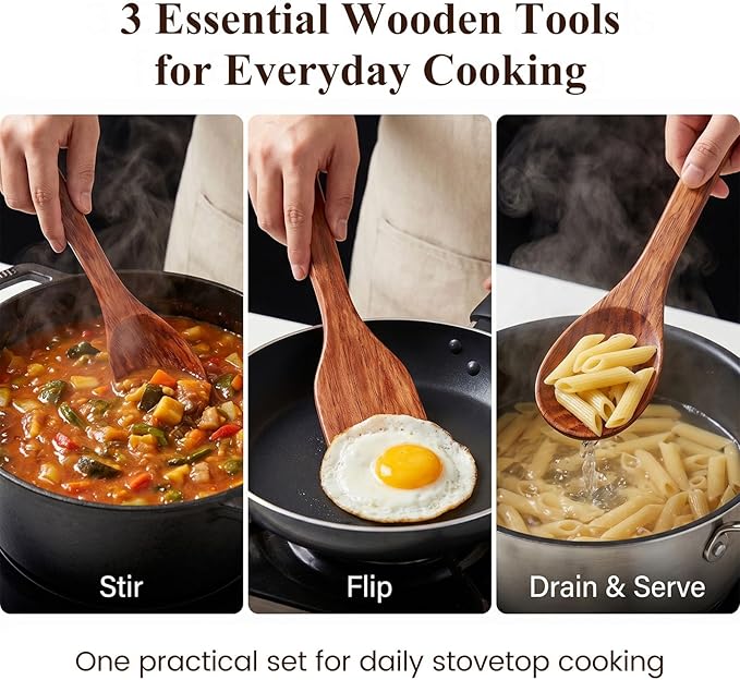 HANSGO Wooden Spoons for Cooking, 3PCS Kitchen Utensils Set for Nonstick Pans, 12Inch Wooden Spatula for Stirring Frying Mixing, Sturdy & Smooth Edges, Kitchen Gifts for Women, Cooking Gifts for Men
