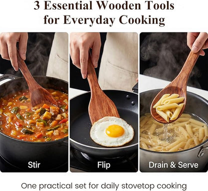 HANSGO Wooden Spoons for Cooking, 3PCS Kitchen Utensils Set for Nonstick Pans, 12Inch Wooden Spatula for Stirring Frying Mixing, Sturdy & Smooth Edges, Kitchen Gifts for Women, Cooking Gifts for Men