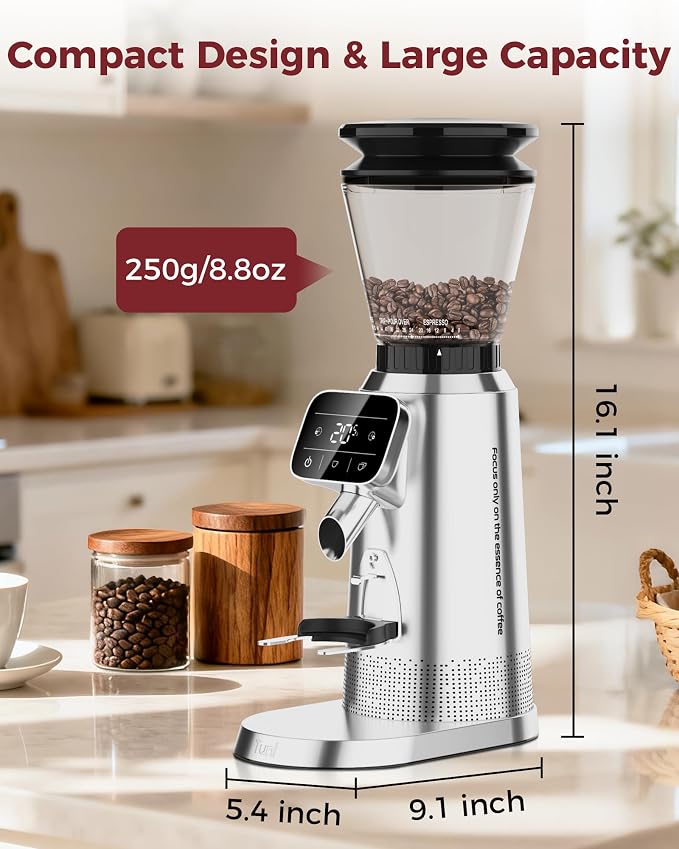 Tuni G2 Silver Conical Burr Coffee Grinder with Black Digital Coffee Scale, 70 Grind Settings Anti-static Burr Mill for Espresso/Drip/Cold Brew/French Press