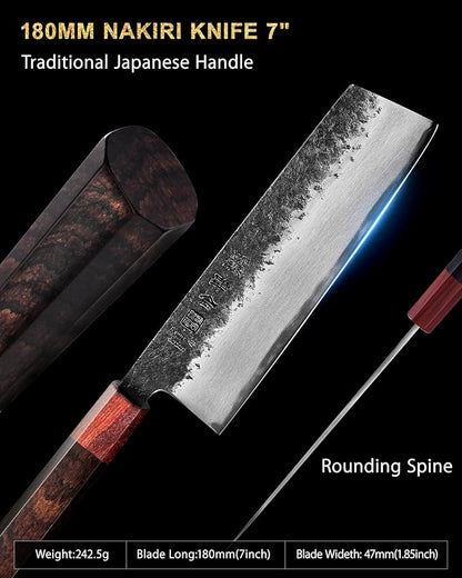 kanngou 7 inch Nakiri Knife Japanese Chef Knife, AUS-8 Alloy Steel Vegetable Japanese Cleaver with Red Sandalwood and Eboy Wood Handle, Chopping Knife with Premium Gift Box (WA Series)