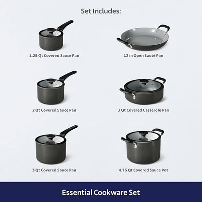 Tramontina Ceramic Non Stick 11-Piece Nesting Pots and Pans Set with Lids - Stackable Nonstick Cookware Set, Dishwasher and Oven Safe, Dark Gray