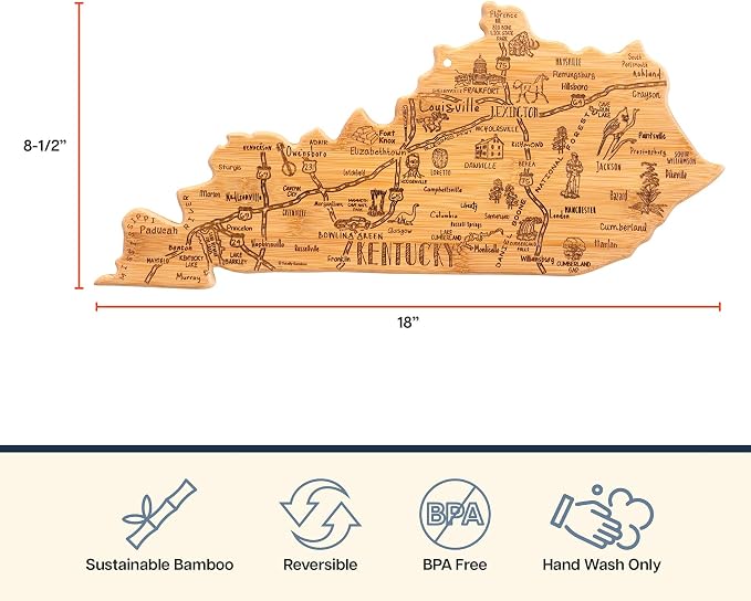 Totally Bamboo Destination Kentucky Shaped Cutting Board – Bamboo Charcuterie and Serving Board with Hang Tie for Wall Display
