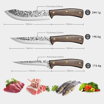 Chef Knife set 3Pcs, Professional Kitchen Knives, Sharp Butcher knife sets, Hand-forged High Carbon Steel Fillet Knife Meat Cleaver Viking Boning knife for Cooking, Gift Box