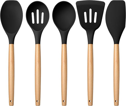 E-far Silicone Cooking Utensils Set, 5-Piece Black Kitchen Utensils Set with Wooden Handle for Cooking, Silicone Kitchen Nonstick Tools Spatula Turner Slotted Spoons, Nontoxic & Heat Resistant-Black