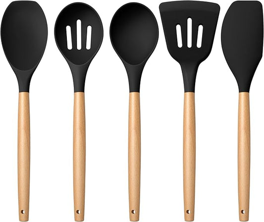 E-far Silicone Cooking Utensils Set, 5-Piece Black Kitchen Utensils Set with Wooden Handle for Cooking, Silicone Kitchen Nonstick Tools Spatula Turner Slotted Spoons, Nontoxic & Heat Resistant-Black