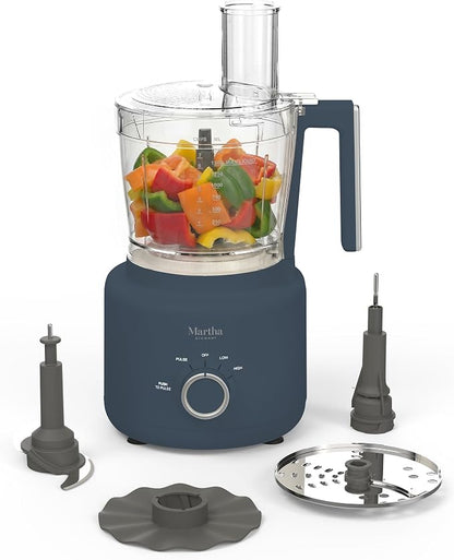 Martha Stewart Food Processor, 10-Cup Electric Chopper for Slicing, Shredding, Mincing and Puree, BPA-Free Twist & Lock Bowl, 3 Multipurpose Blades, Variable Speed Dial, Wide Feed Chute, Indigo Blue
