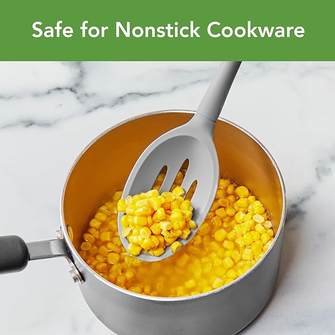 Tovolo Flex Core Silicone Slotted Deep Spoon for Cooking Mixing Baking, Dishwasher Safe BPA Free All Silicone Kitchen Spoon Utensil Heat Resistant Nonstick Safe Slotted Serving Spoon, Oyster Gray