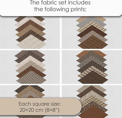 Cotton Satin Patchwork Fabric Panel – 35 Designs, 20×20 cm Squares, Single Piece 150×110 cm, Brown Patchwork Quilt Fabric (Autumn Brown Patchwork Set, 35pcs 8x8 inch)