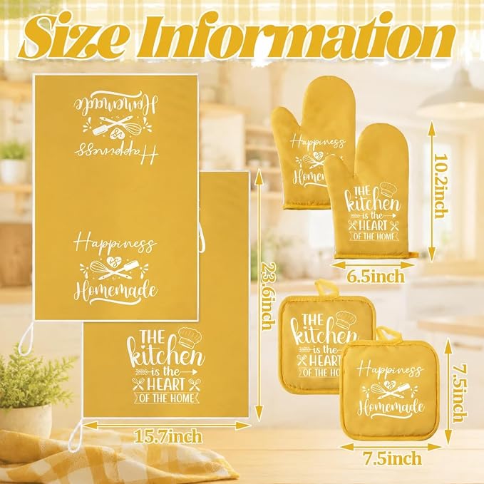 Sratte 6 Pcs Kitchen Decor Accessories Set Farmhouse Towels Pot Holders Oven Mitts Set 2 Dish Towels 2 Potholders 2 Cooking Mittens Oven Glove for Christmas Baking Cooking Supply(Yellow,Kitchen)