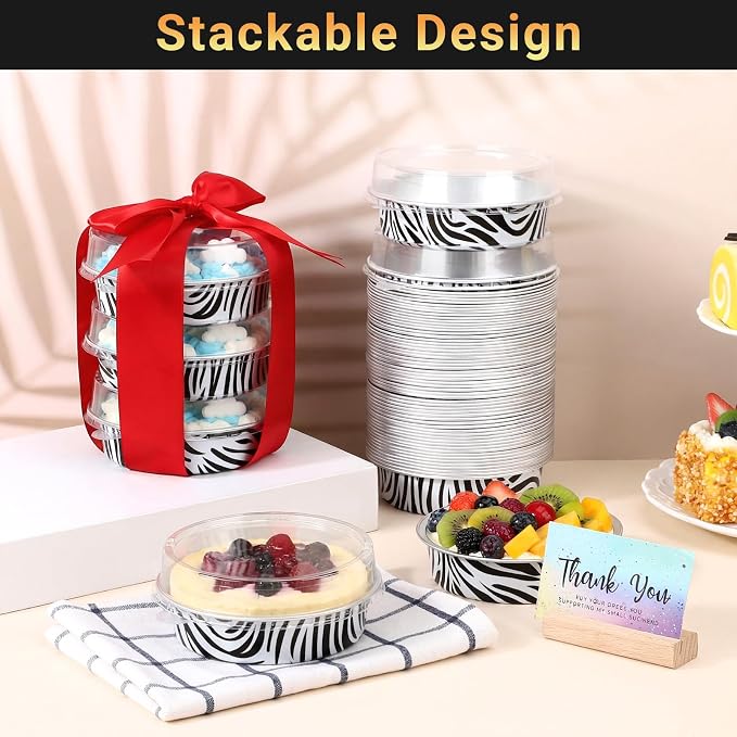 Beasea Disposable Cupcake Pans with Lids, 100 Pack 7.3oz Aluminum Baking Foil Tart Pie Tins, Small Round Tart Containers for Individual Dessert Muffin Cheesecake Quiche Oven Dishes - Zebra Stripes