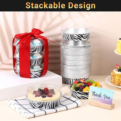 Beasea Disposable Cupcake Pans with Lids, 100 Pack 7.3oz Aluminum Baking Foil Tart Pie Tins, Small Round Tart Containers for Individual Dessert Muffin Cheesecake Quiche Oven Dishes - Zebra Stripes