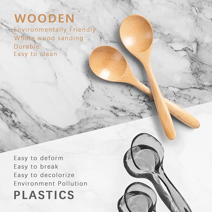 2 PCS Wooden Spoons for Honey, 6.7 inch Small Wooden Spoons - Terrific for Tea, Coffee & Soup, Little Beech Wood Serving Table Spoon Set, Bulk Bamboo Teaspoon for Eating with Unique Design