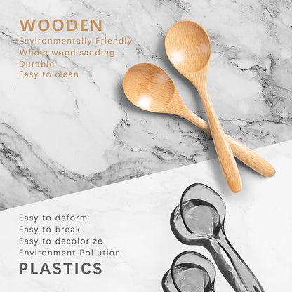 2 PCS Wooden Spoons for Honey, 6.7 inch Small Wooden Spoons - Terrific for Tea, Coffee & Soup, Little Beech Wood Serving Table Spoon Set, Bulk Bamboo Teaspoon for Eating with Unique Design