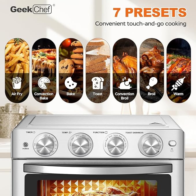Geek Chef 26 QT Air Fryer Oven, Big Air Fryer, Toast Oven with Bake, Roast, Pizza, Easy to Use & Clean, Stainless Steel