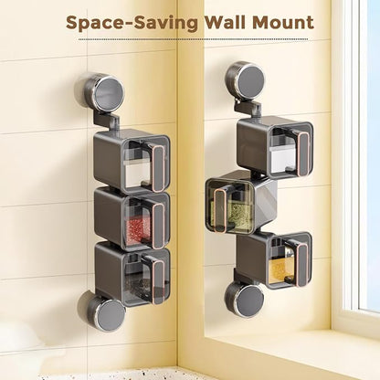 Suction Cup Seasoning Holder, Wall Mounted Seasoning Organizer, Suction Seasoning Box with Spoon, 180° Rotatable Spice Rack, Sealed Moisture-Proof, Space Saving Kitchen Spice Storage Rack (1pc, GREY)