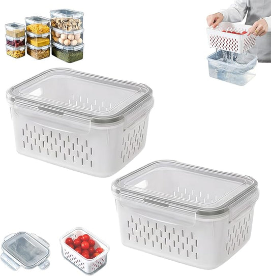 4 in 1 Food Storage Containers with Lids, Food Storage Containers With Lids Airtight, With Removable Colander, For Fruits & Vegetables, Easy to Soak, Clean, Drain and Store (Gray, M*2)