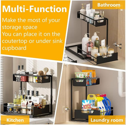 Ceetug Under Kitchen Sink Organizers and Storage Pull Out 2 Tier Metal Bathroom Cabinet Organizer (Black, 2 Pack)