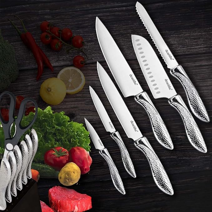 Knife Sets for Kitchen with Block, 14 Piece High Carbon Stainless Steel Knife Block Set with Built-in Sharpener, Professional Kitchen Knife Set, Hammered Pattern Hollowed Handle Design