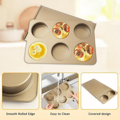6-Cup English Muffin Pan with Sliding Lid, 3.35" Cavities Nonstick Carbon Steel Baking Pan for Homemade English Muffins, 2-in-1 Breakfast Sandwiches, Hamburger Buns and Mini Quiches