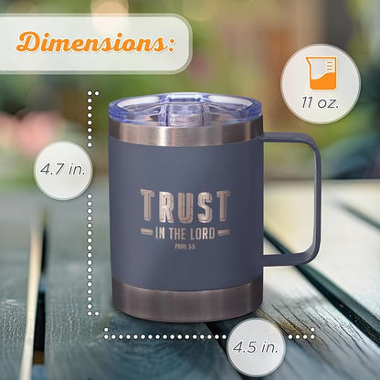 Christian Art Gifts Stainless Steel Double Wall Vacuum Insulated Camp Style Travel Mug 11 oz Gray Coffee Mug with Retractable Lid for Men/Women with Bible Verse- Trust In The Lord-Proverbs 3:5
