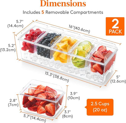 Lifewit 2 Pcs Ice Chilled Condiment Caddy with 5x20 oz Containers, Condiment Server with Separate Lid, Serving Tray Platter with Removable Dishes for Bar Fruit Salad Taco Party Garnish, 39 x13cm/15x5