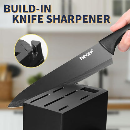 hecef 15PCS Black Knife Block Set with Built-in Sharpener – Non-Stick Coating Blades & Ergonomic Handle for Effortless Cutting & Slicing