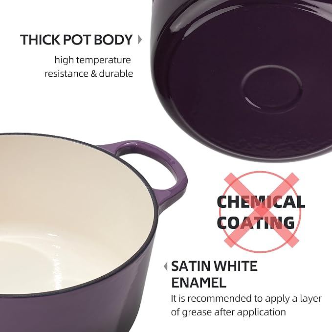6 Quart Dutch Oven Enameled Cast Iron with Lid - Big Dual Handles - Oven Safe up to 500°F - Classic Round Pot for Versatile Cooking Purple