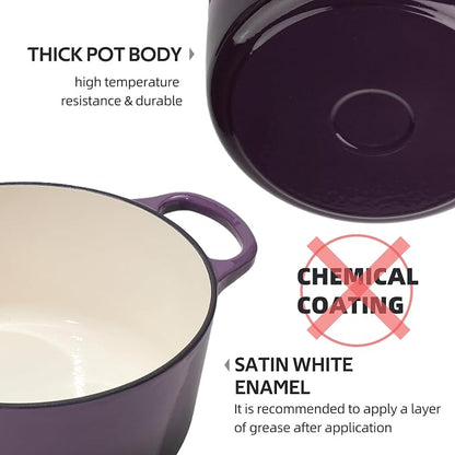 6 Quart Dutch Oven Enameled Cast Iron with Lid - Big Dual Handles - Oven Safe up to 500°F - Classic Round Pot for Versatile Cooking Purple