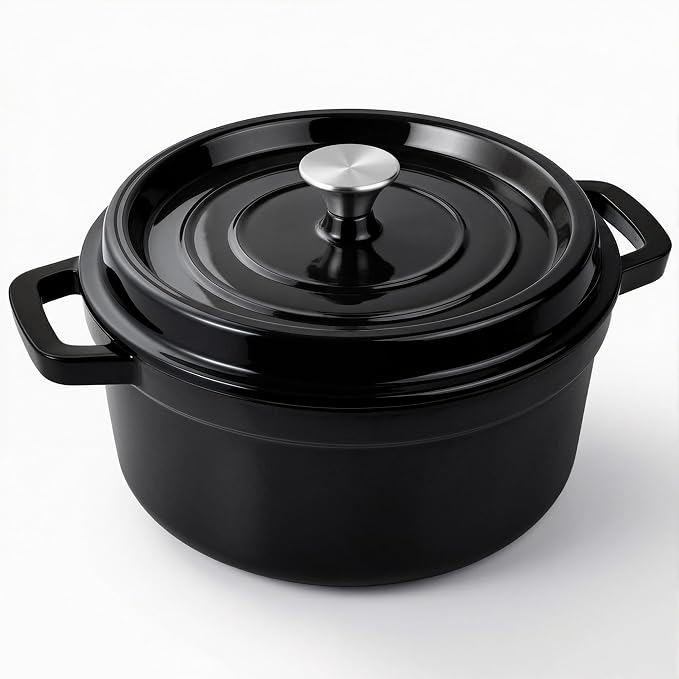 Miereirl 6.5 Quart Enameled Dutch Oven Pot with Lid, Cast Iron Dutch Oven with Dual Handles for Bread Baking, Cooking, Non-stick Enamel Coated Cookware (Black)